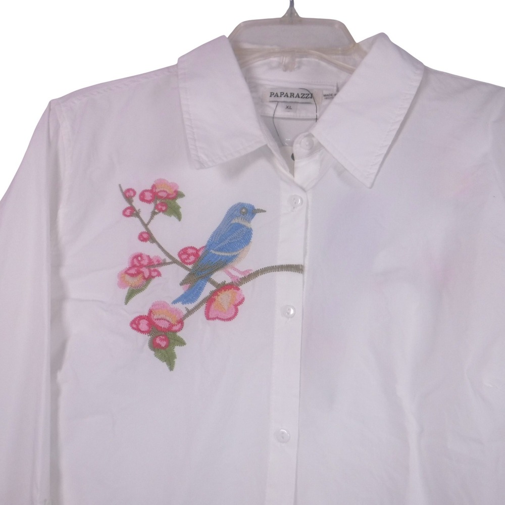 Paparazzi White Embroidered Bluebird Floral Button Down Shirt XL Roll Tab Sleeve - Picture 2 of 10